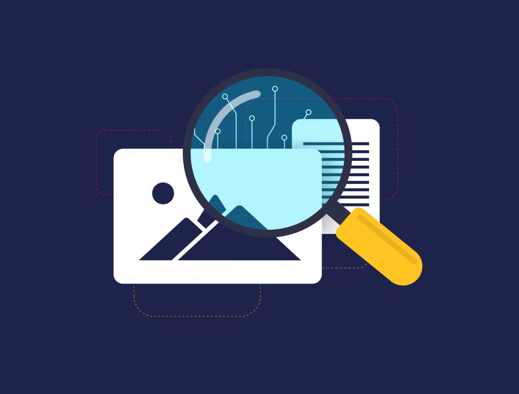 AI Content Detector concept. Detect Artificial Intelligent Content - generated images or ai writing detector tool text. Vector isolated illustration on black background with icons
